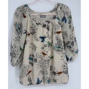 Wallis Womens Bird Floral Print Bubble Hem Blouse Cream‎ Blue Orange Sz S